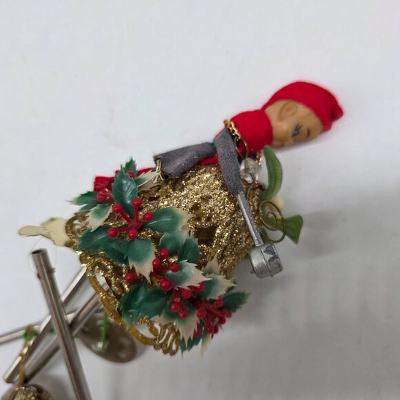 Vintage 1970s Christmas Elf Wind Chime Ornament With Holly & Bell Decoration - Picture 8 of 9